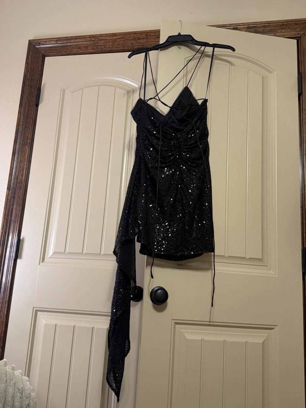 Black Sequin Asymmetrical Strap Dress